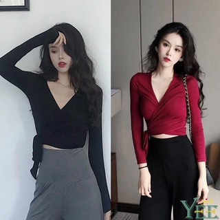 Áo crop top ôm dáng cổ chữ V màu trơn dài tay quyến rũ cho nữ
