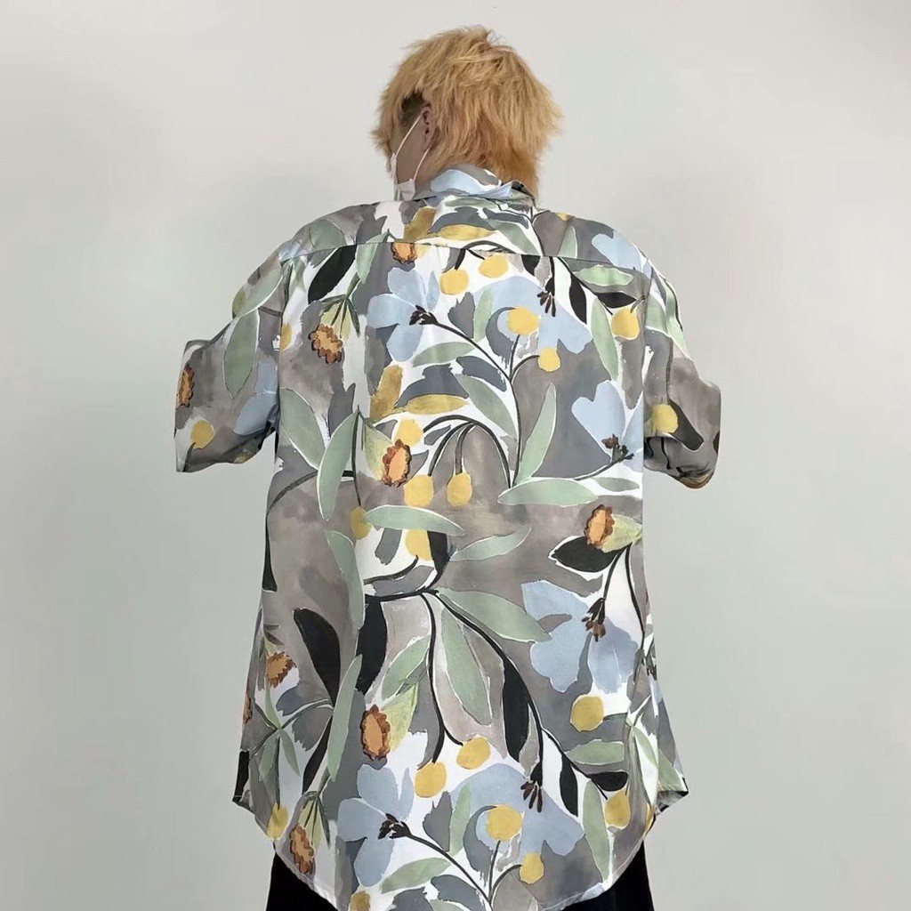 Áo Sơ Mi Lụa Lạnh Tay Ngắn Dáng Rộng In Hoa Phong Cách Retro Hàn Quốc Dành Cho Nam Giới