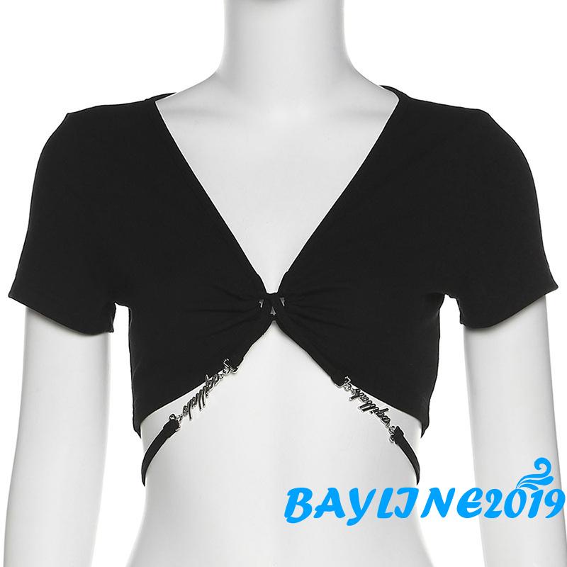 Bay-Women Wrapped Tops, Short Sleeve V Neck Cutout Solid Color Street Party Causal Summer Spring Shirt