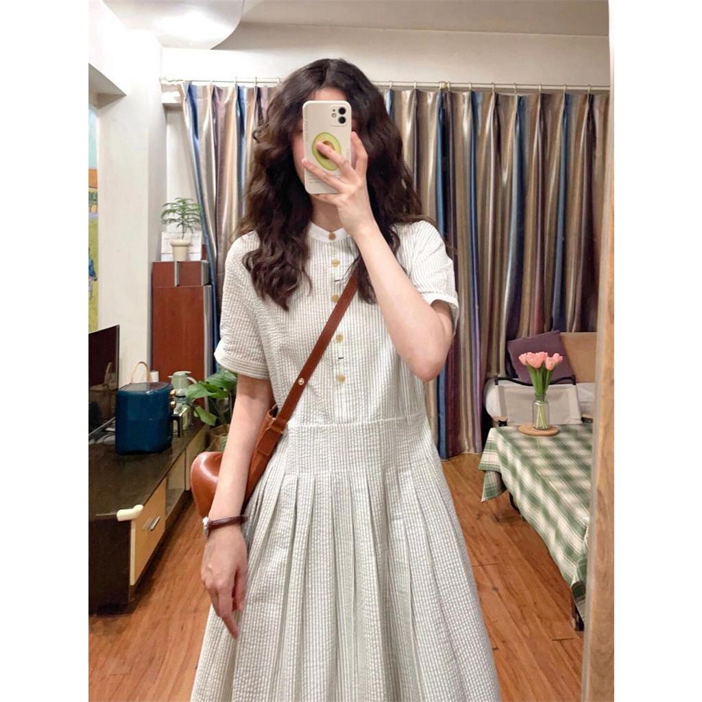 Đầm Midi Tay Ngắn Phồng Họa Tiết Kẻ Sọc Phong Cách Pháp Thời Trang Mùa Hè 66062
