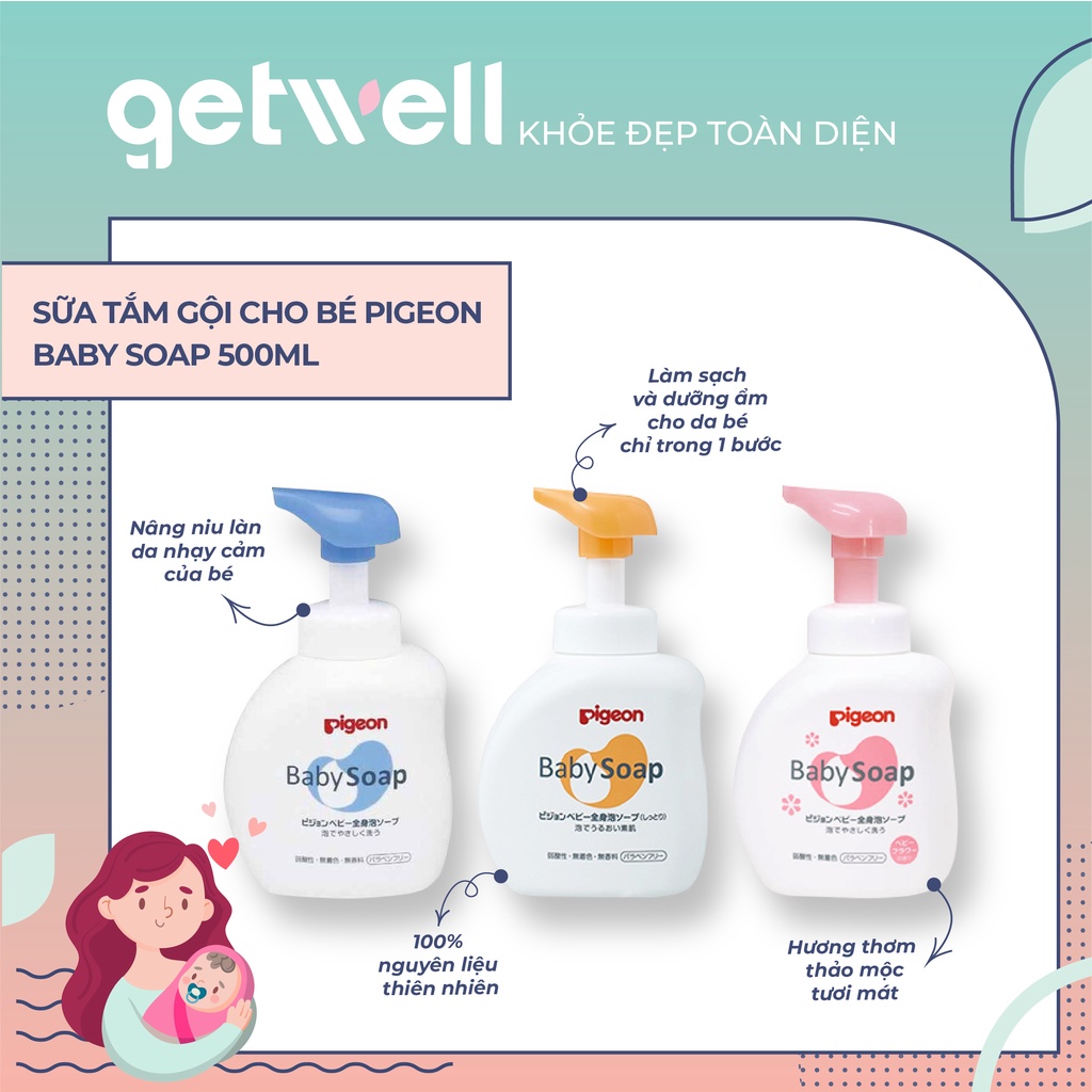 [Hàng Nhật Chính Hãng] Sữa/Dầu Tắm Gội Tạo Bọt 2 In 1 Cho Bé Pigeon| Sữa Tắm Gội Pigeon Baby Soap Đủ Mùi Hương Chai 500m