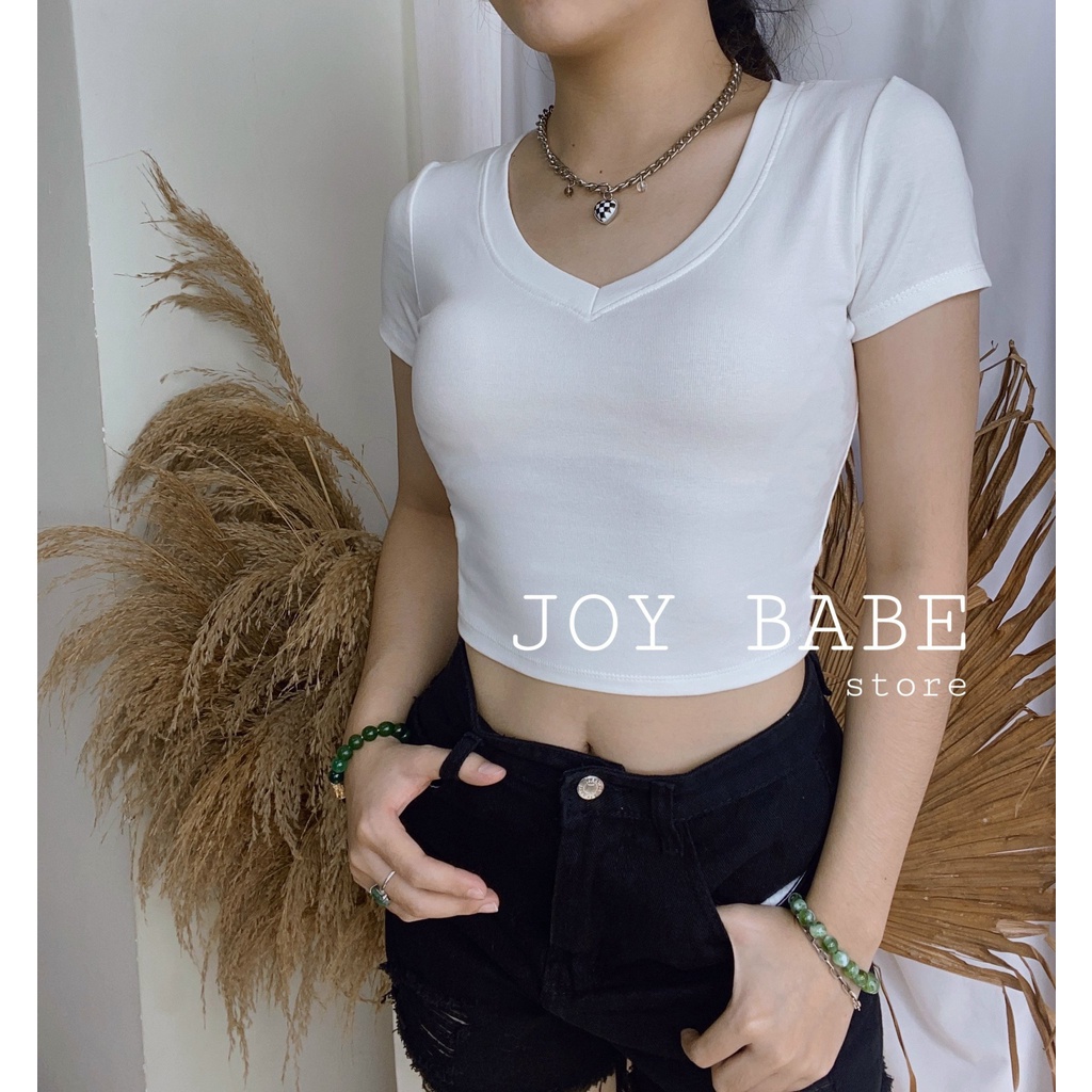 Áo croptop cổ tim Basic JOY BABE 💔 viền cổ may ngay ngắn, thun Forever 21 co giãn 4 chiều tốt 💛 cổ chữ V trơn CRON 2 -4D