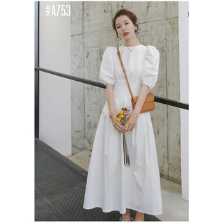 [HỎA TỐC HCM] Đầm maxi trắng tay phồng bo eo thanh lịch