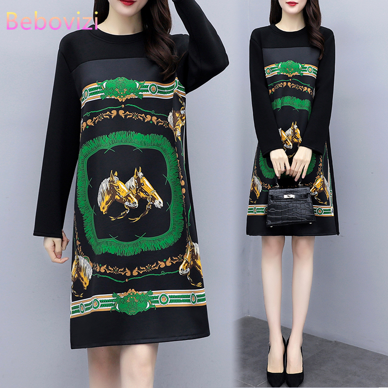 New Autumn Plus Size 5XL Women Korean Fashion Retro Printing Dress Casual Loose Long Sleeve Party Midi Dresses