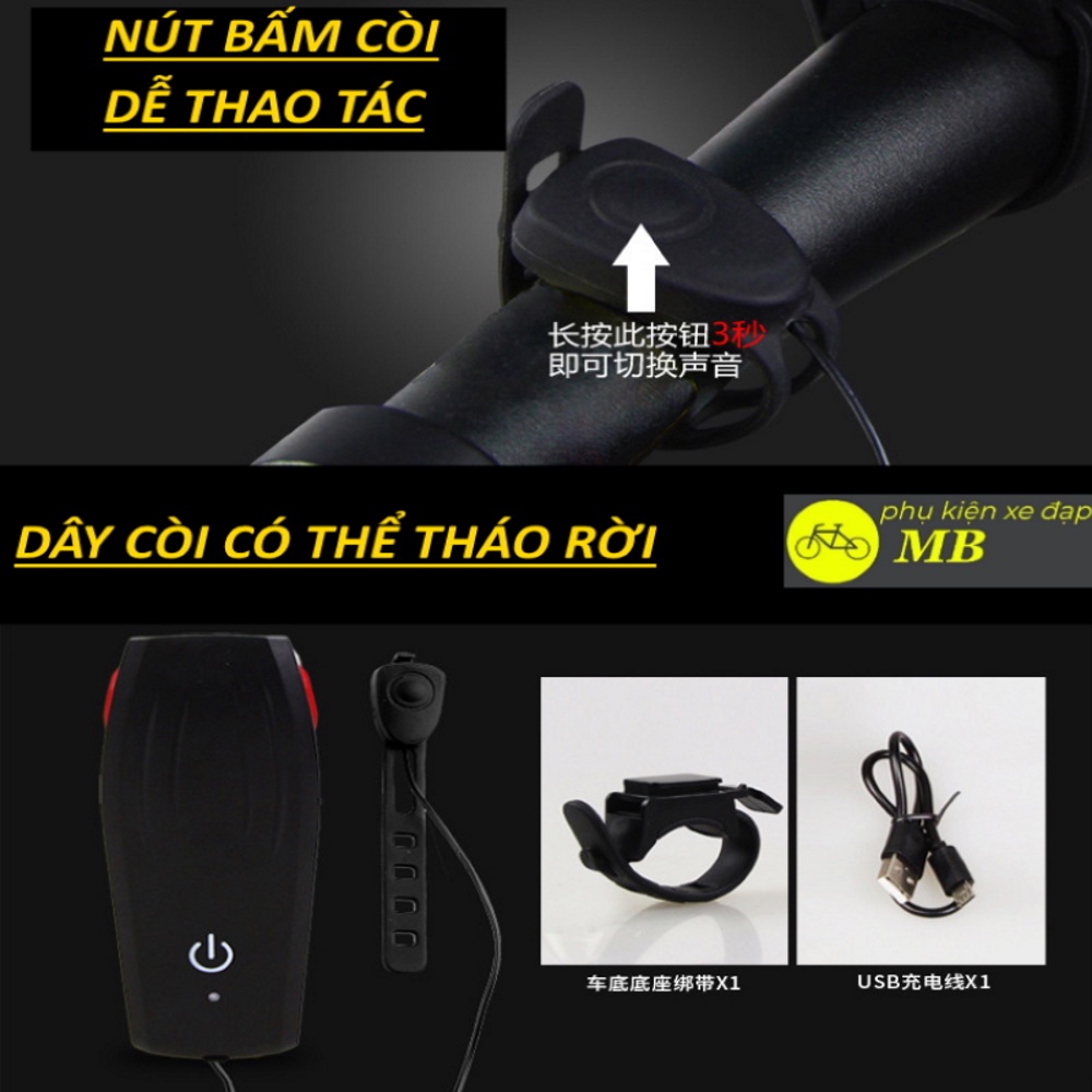 Đèn xe đạp có còi siêu sáng cảm ứng đèn led xe đạp thể thao 2in1 sạc USB AS0909