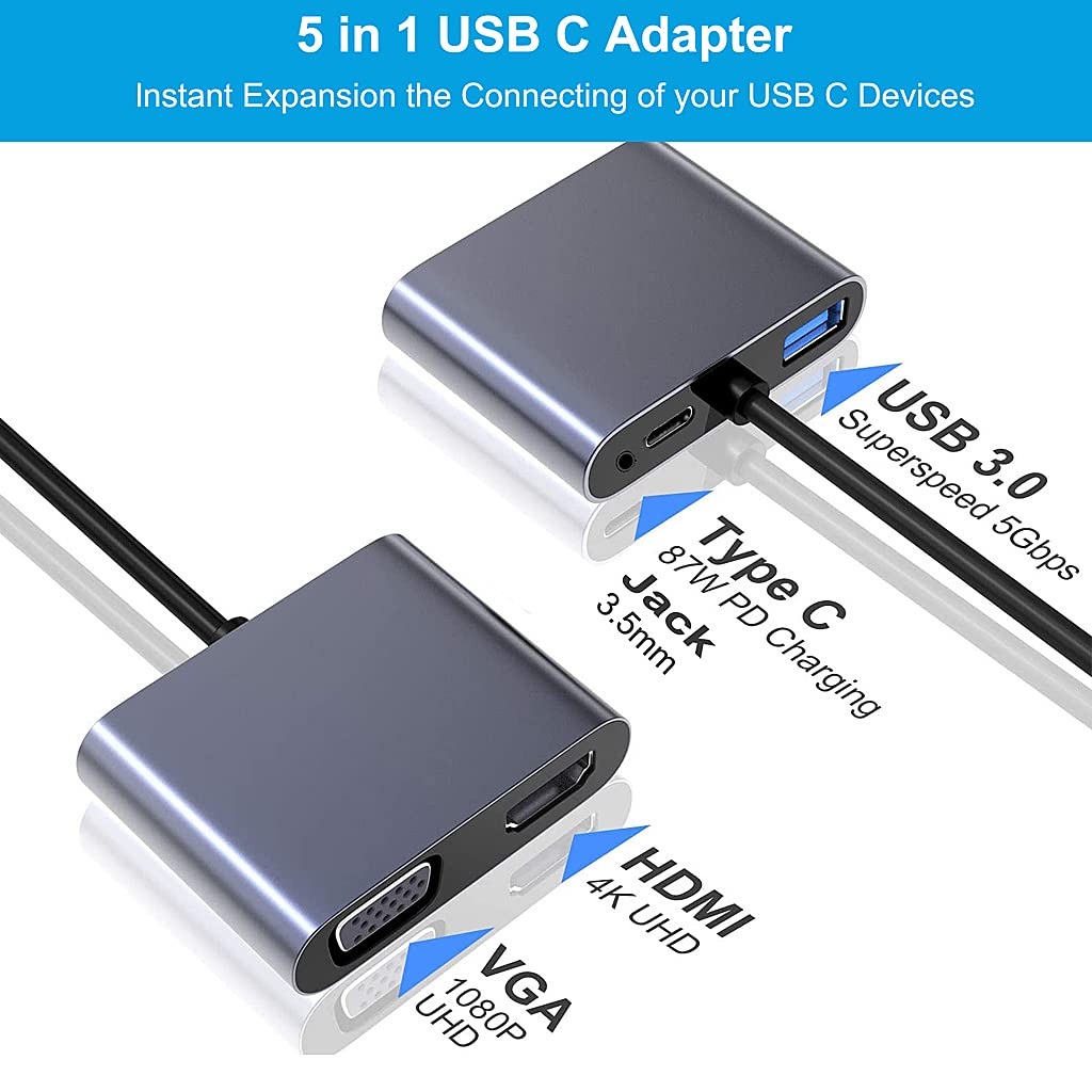 Bộ chuyển đổi hub 5 trong 1 Type C to USB3.0 / HDMI / VGA / Audio / Type-C 5 in 1