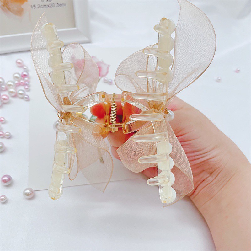 Kẹp tóc vải thắt nơ lưng đính ngọc trai phong cách hàn quốc cho nữ