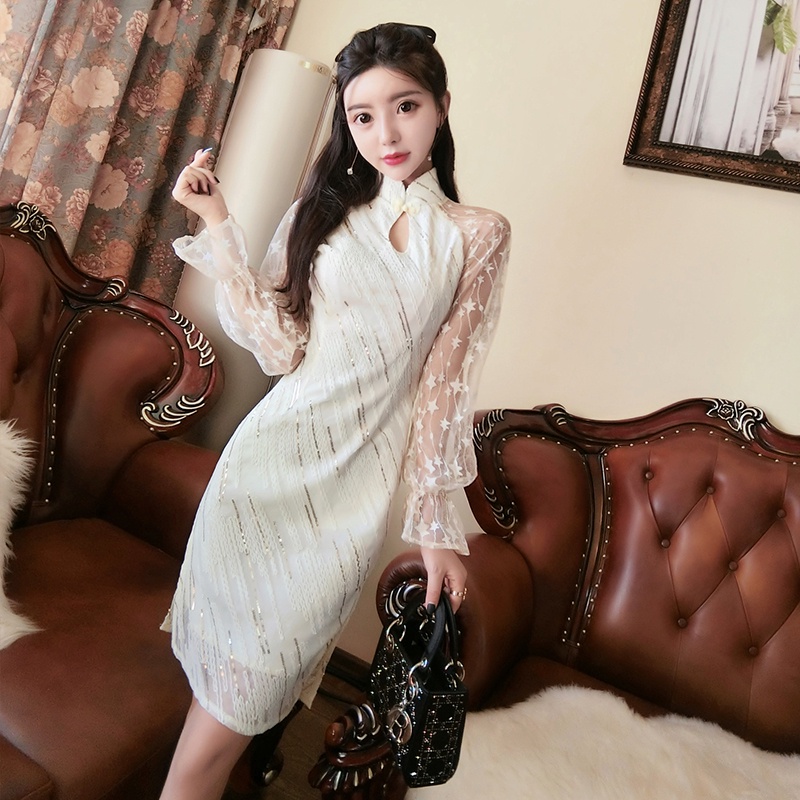 Guoqi Quanqi Young 2021 Đầm lưới tay phồng ôm dáng gợi cảm mùa xuân sớm mới chất lượng cao