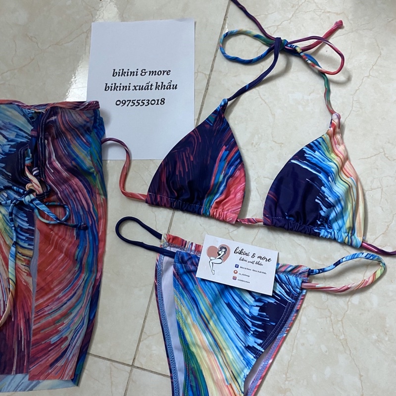 [BKN1476] &lt;ÂU&gt; SET BIKINI 3 MÓN LOANG HỒNG XANH KÈM CHÂN VÁY