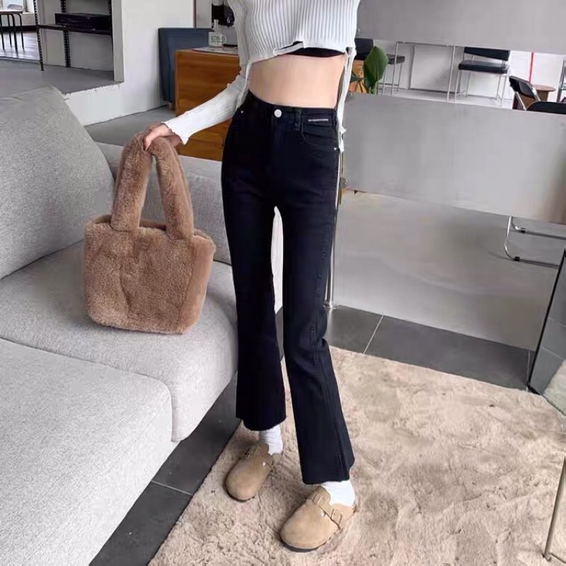 Quần jean ống loe cạp cao màu đen phụ nữ Quảng Châu