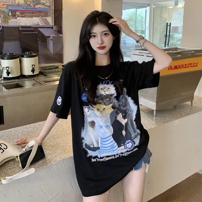 Áo Thun T-shirt Cotton Mềm Co Giãn Tay Ngắn In Hình Mèo Thời Trang Hàn Quốc Cổ Điển Dành Cho Nam Nữ