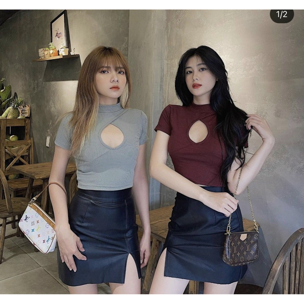 Áo kiểu croptop tay ngắn cổ cao khoét ngực cực xinh , chất thun gân mềm mịn