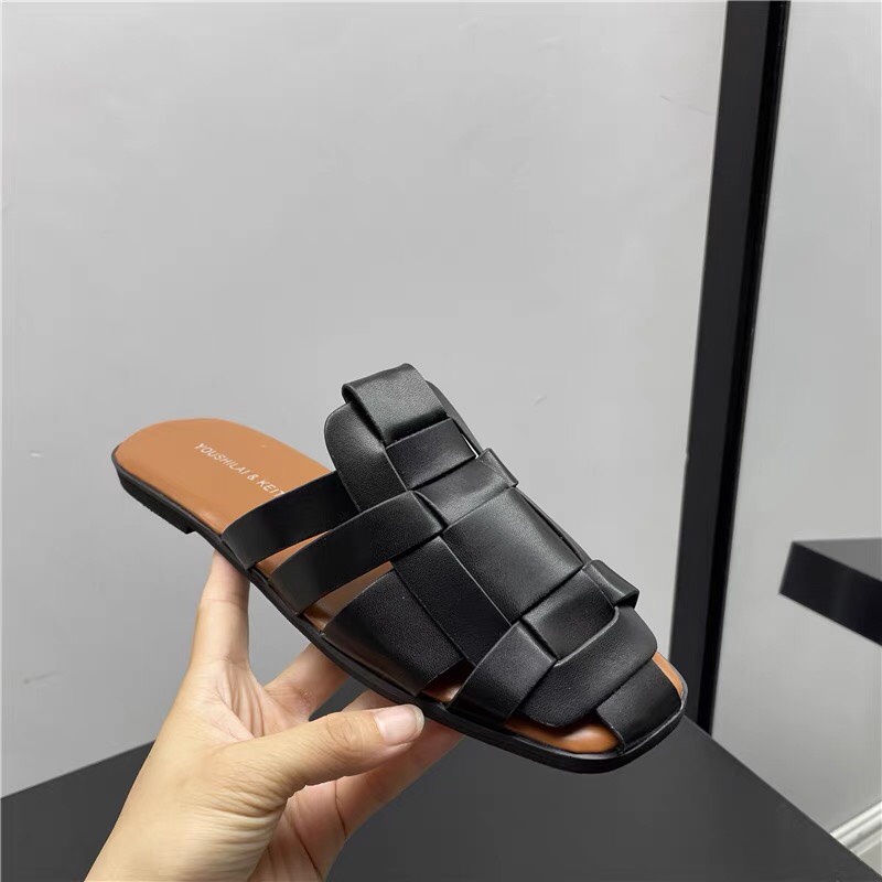 Dép Đế Bằng Mũi Vuông Thời Trang Cho Nữ-Sục đan dây da mềm