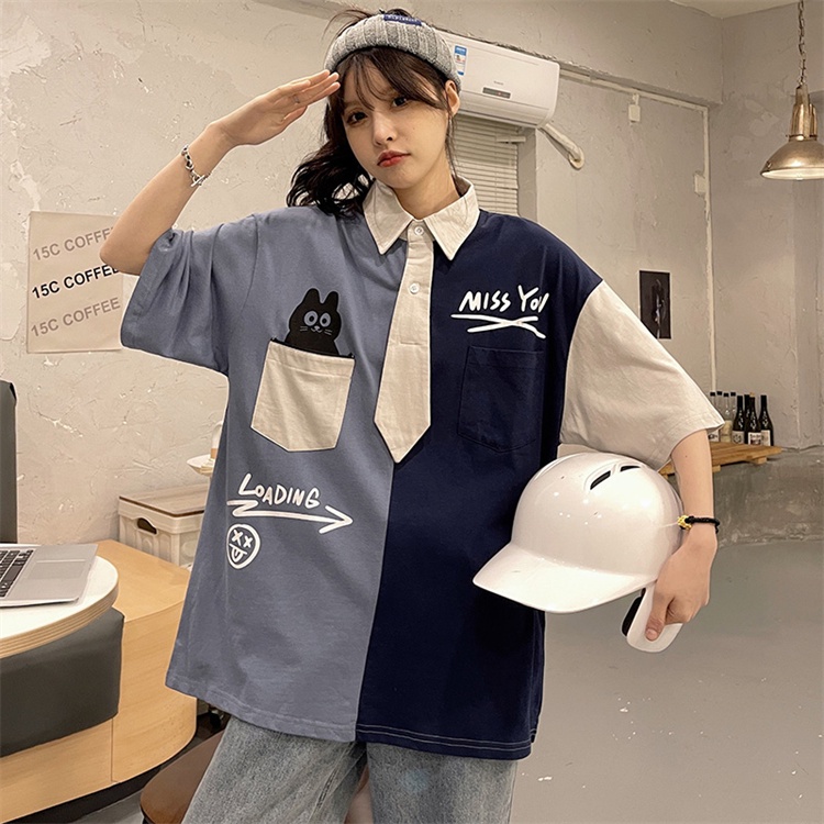 Áo Sơ Mi Cổ Polo Tay Ngắn Dáng Rộng In Họa Tiết Phong Cách Retro Mỹ Cho Nữ