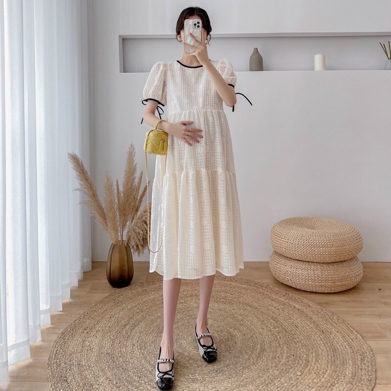 Váy đầm bầu hè thu dáng xuông ba tầng babydoll kẻ caro ren hai lớp công sở đi chơi thiết kế cao cấp