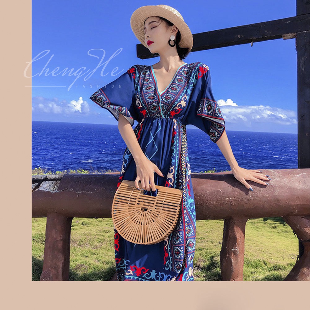 (SẴN) Váy Maxi thổ cẩm Boho đi biển xòe họa tiết hình khối tay lỡ thời trang du lịch hè V00079