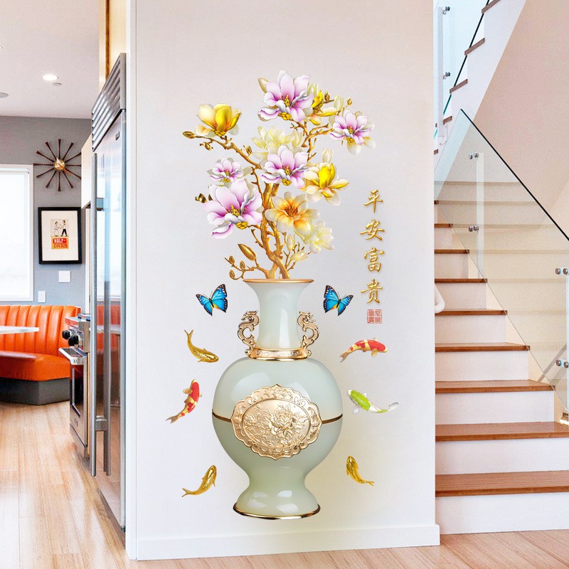 Tranh dán tường bình hoa mai phong cách cổ điển, Decal bình hoa cổ, Tranh 3D trang trí phong thủy