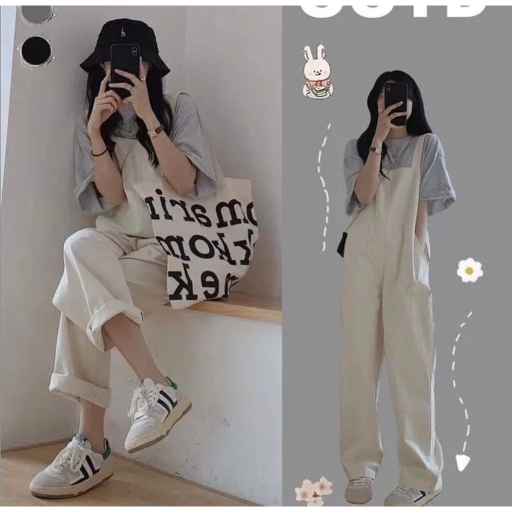 Set Quần Yếm Kaki Kèm Áo Thun Nữ 🌸 Bộ đồ quần yếm ống rộng 2 dây bánh bèo cá tính năng động đẹp Ulzzang🌸