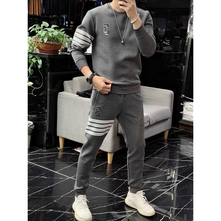 Bộ đồ thu đông nam bóng lót bông mềm mịn kẻ 3 sọc ngang thêu chữ B trước ngực - BD198