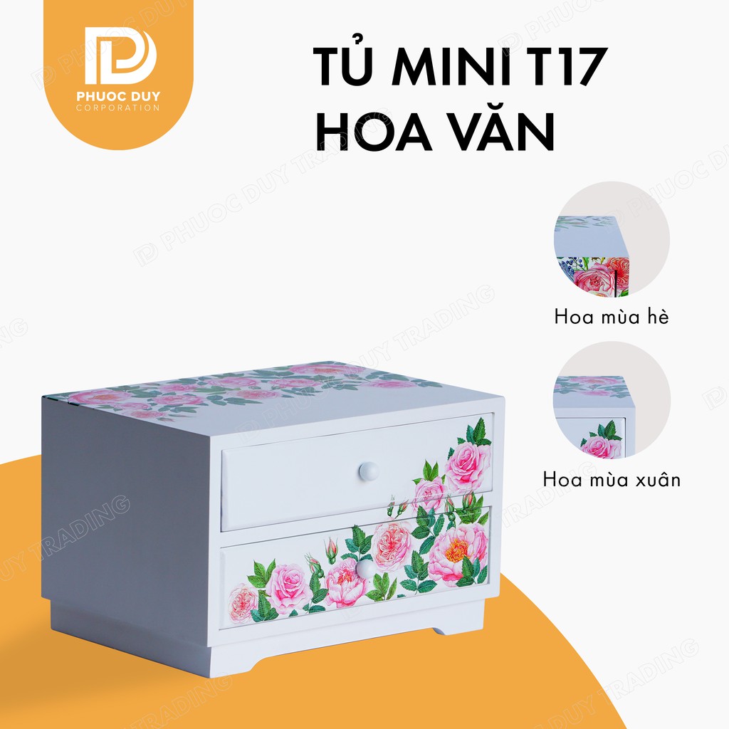 Tủ mini để bàn đa năng - Tủ nữ trang mỹ phẩm gỗ thông tự nhiên T17 - Họa tiết hoa