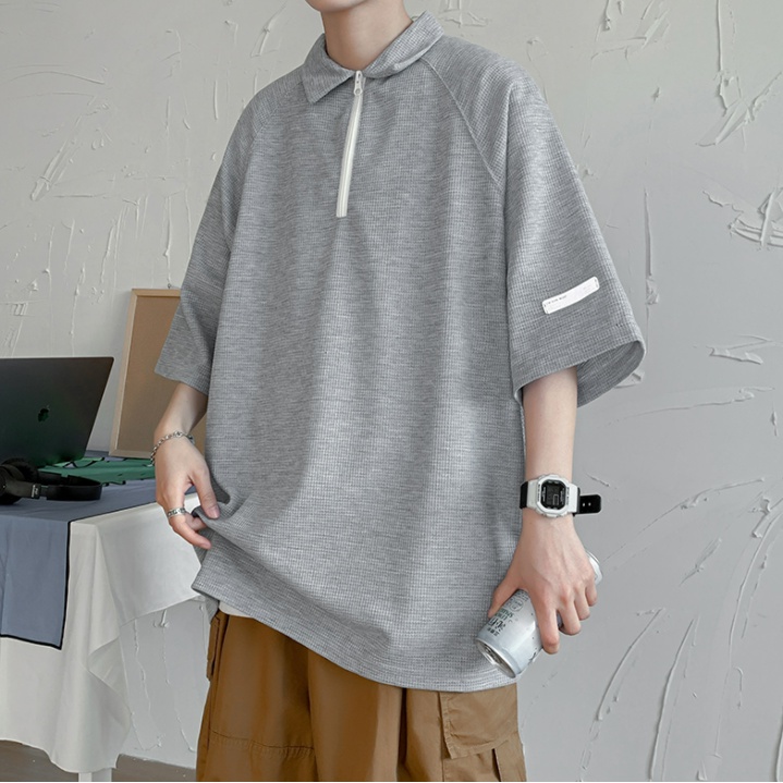 Áo Thun Polo Tay Ngắn Dáng Rộng Màu Trơn Có Khóa Kéo Thời Trang Phong Cách Hàn Quốc Cho Nam Giới
