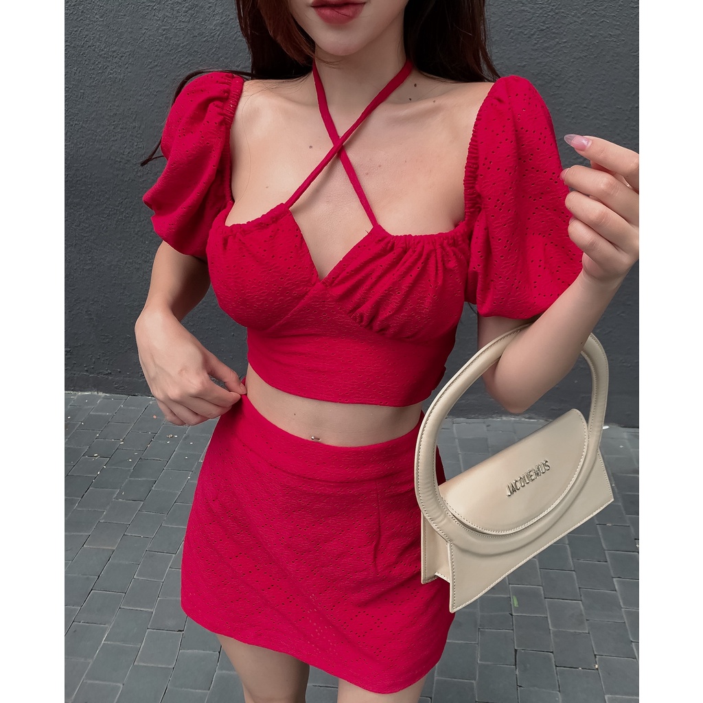 Set bộ rời áo croptop kèm chân váy hoa thêu MIMIX CA7195