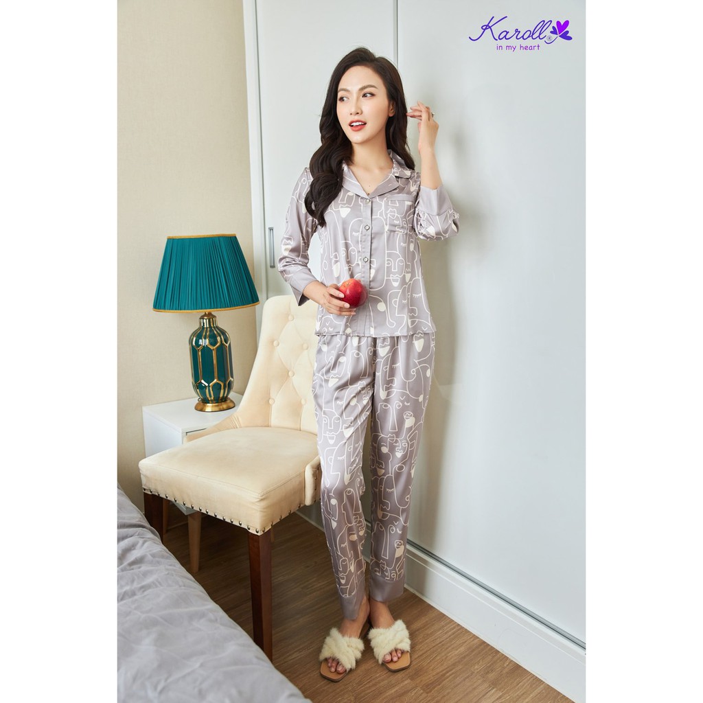 Bộ lụa luxury quần dài tay lỡ Karoll cổ pizama hoạ tiết NH21.017 (có nhiều màu)