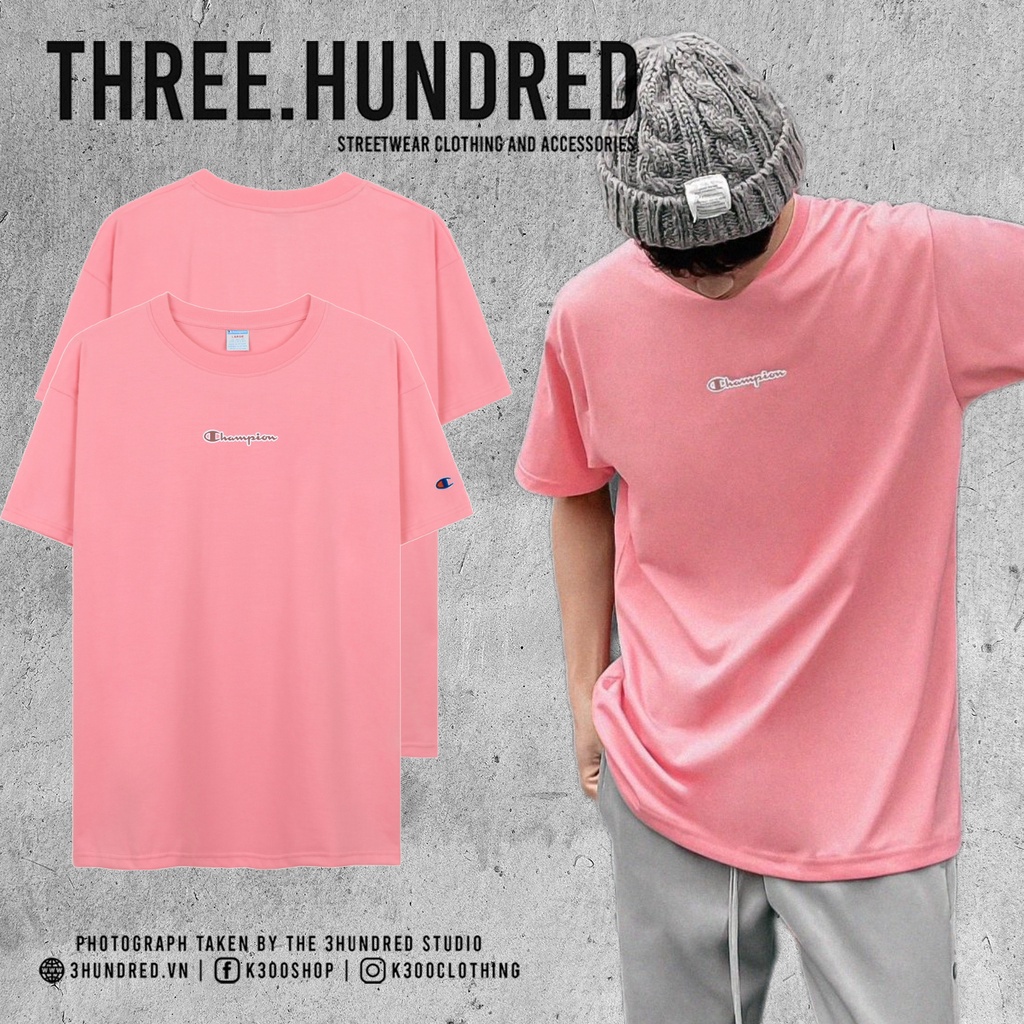 Áo Thun Champion Màu hồng In Chữ Màu Hồng Ở Giữa Chất Liệu 100% Cotton Thoáng Mát Form Rộng Thoải Mái