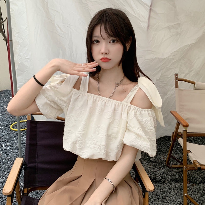 Áo Chiffon Tay Ngắn Phồng Trễ Vai Phong Cách Hàn Quốc Dành Cho Nữ