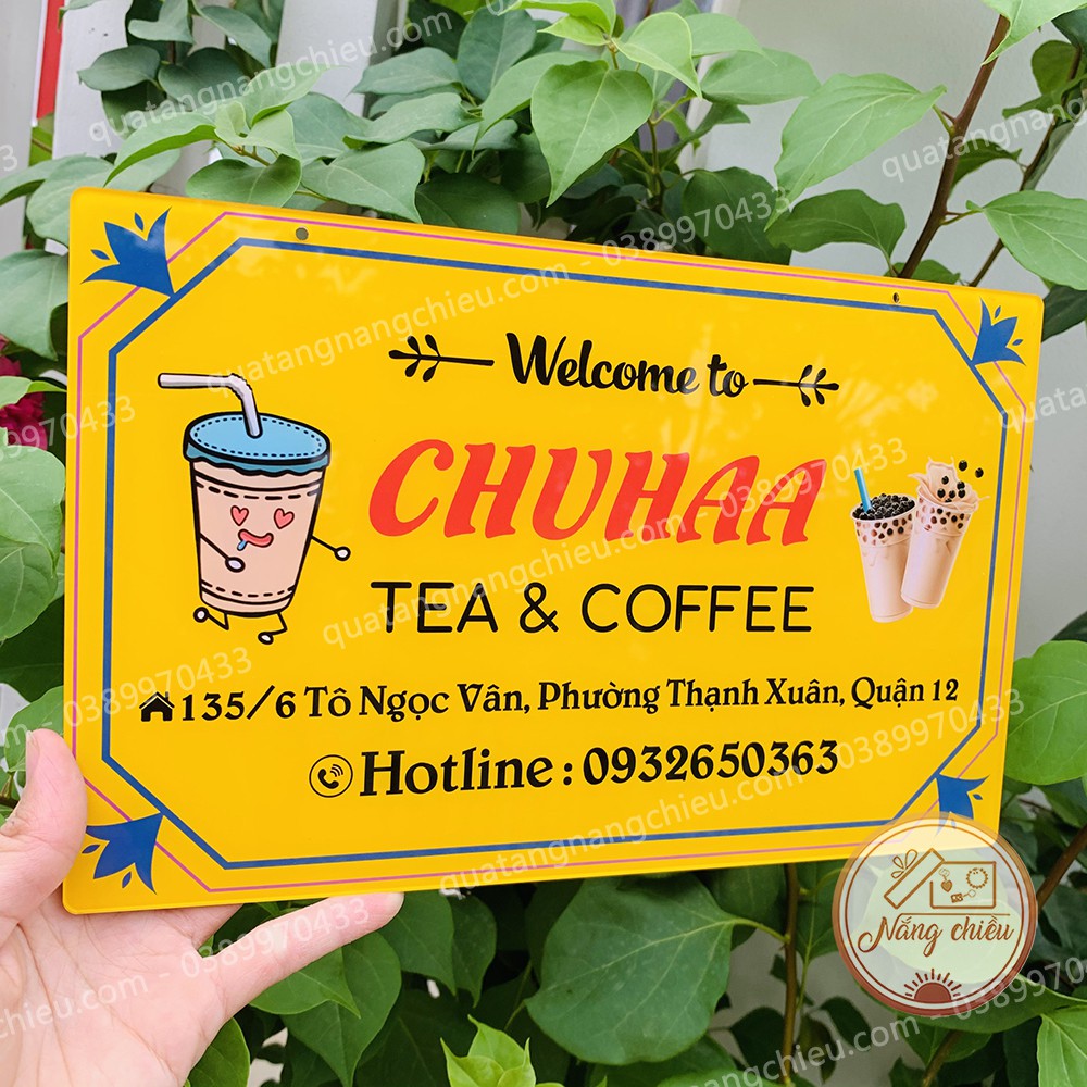 Bảng hiệu treo tiệm trà sữa và cà phê, chất liệu mika sáng bóng và an toàn cho người sử dụng