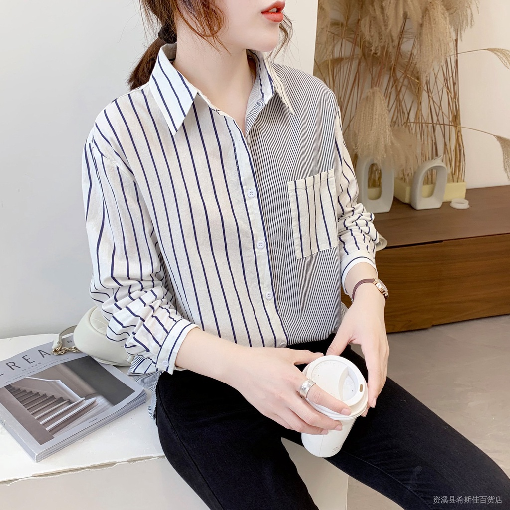 Áo Sơ Mi Cotton Kẻ Sọc Dọc Phối Túi Màu Sắc Thời Trang Mùa Thu 2020 Phong Cách Hàn Quốc Cho Nữ