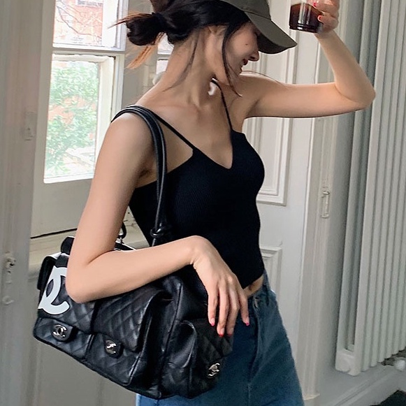 Áo kiểu ZHELIHANGFEI vải dệt kim hai dây cổ chữ V màu đen quyến rũ