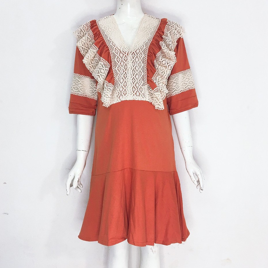 Váy bầu cotton cổ viền ren bèo cực kỳ xinh - V23