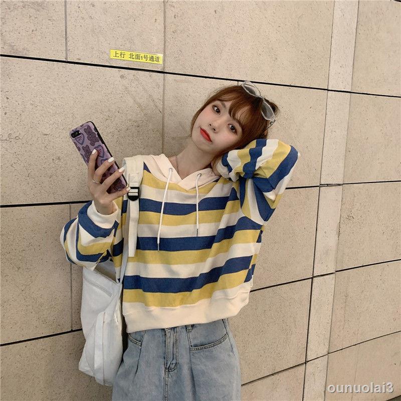 Áo Hoodie Tay Dài Dáng Rộng Ngắn Kẻ Sọc Thời Trang Mùa Thu Hồng Kông Cho Nữ 2021
