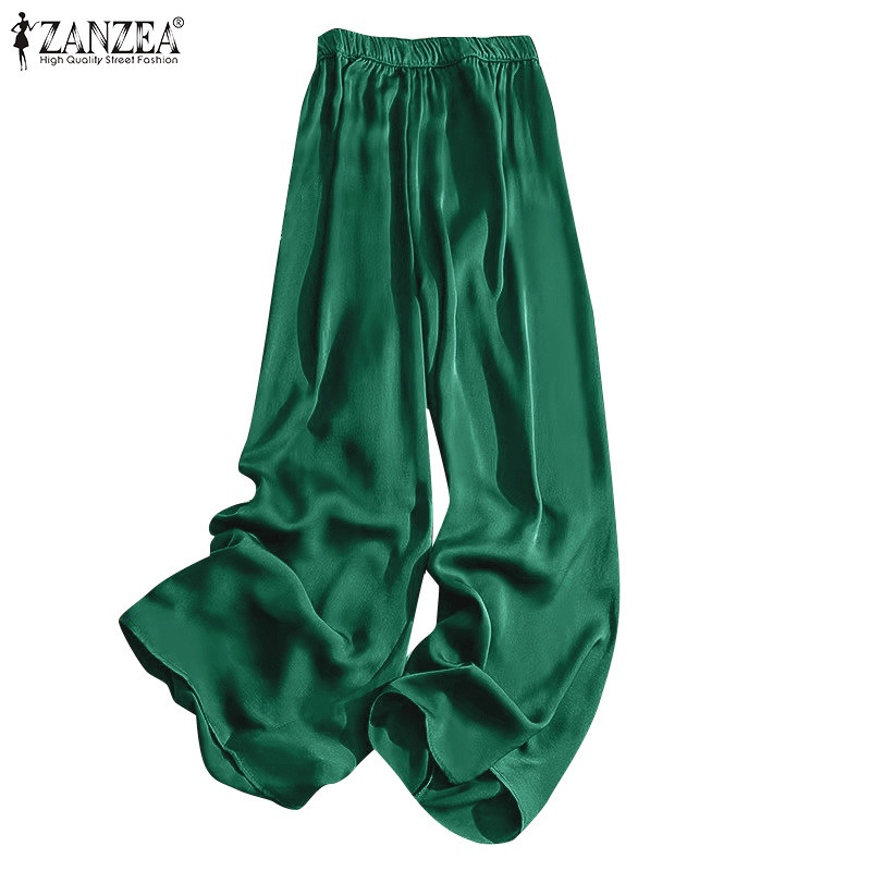 Quần dài ống rộng ZANZEA lưng thun co giãn màu trơn thời trang thường ngày cho nữ