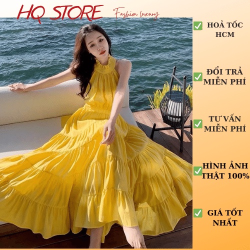 Đầm maxi voan dập li hở lưng cổ yếm, váy vàng thắt nơ eo hở lưng dáng dài có mút kèm hình thật- Maxi HQ store