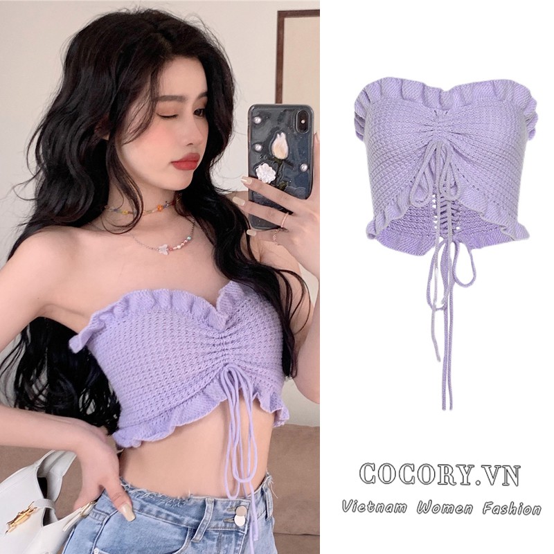 Cocory vn Áo croptop kiểu dây rút thời trang mùa hè trẻ trung gợi cảm