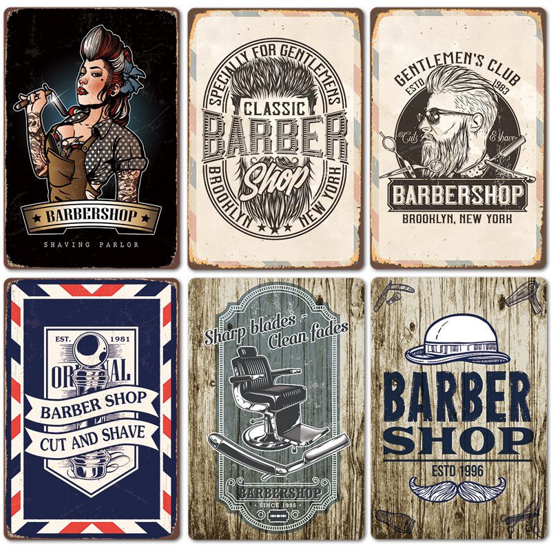 Tranh thiếc trang trí quán tóc nam vintage barber