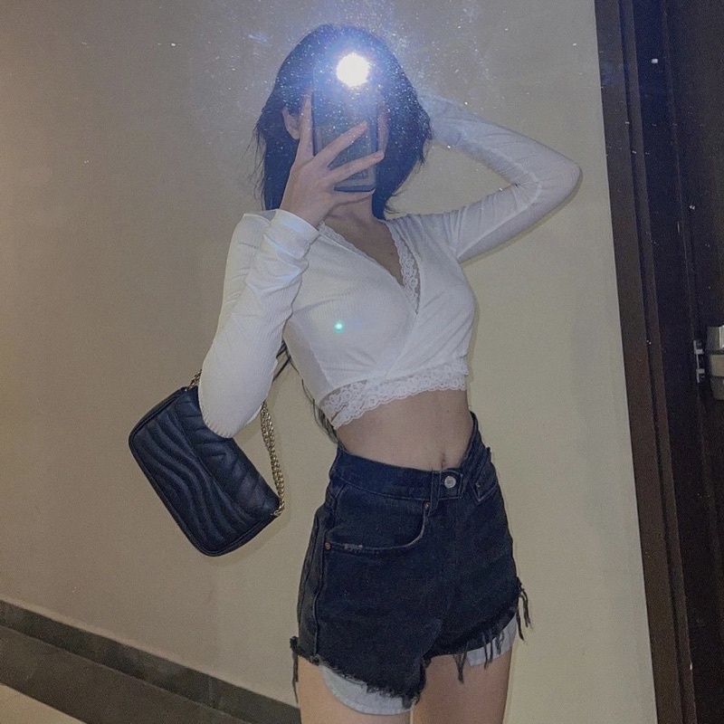 Áo croptop tay dài cột eo viền ren siêu xinh xắn [ ẢNH THẬT ]