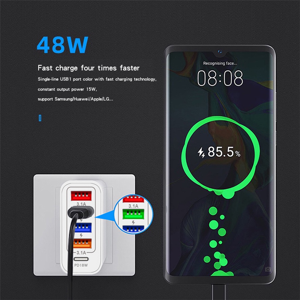 Bộ Sạc 5 Trong Một 48W Bộ Sạc Điện Thoại Di Động 4usb Pd Đầu Sạc Máy Tính Bảng Type-C 18W