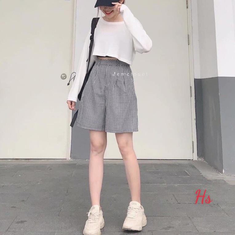 freeship Bộ Áo Croptop Quần Sooc Kẻ , Set Áo Crt Dài Tay Quần Đùi Ống Rộng B024 | BigBuy360 - bigbuy360.vn