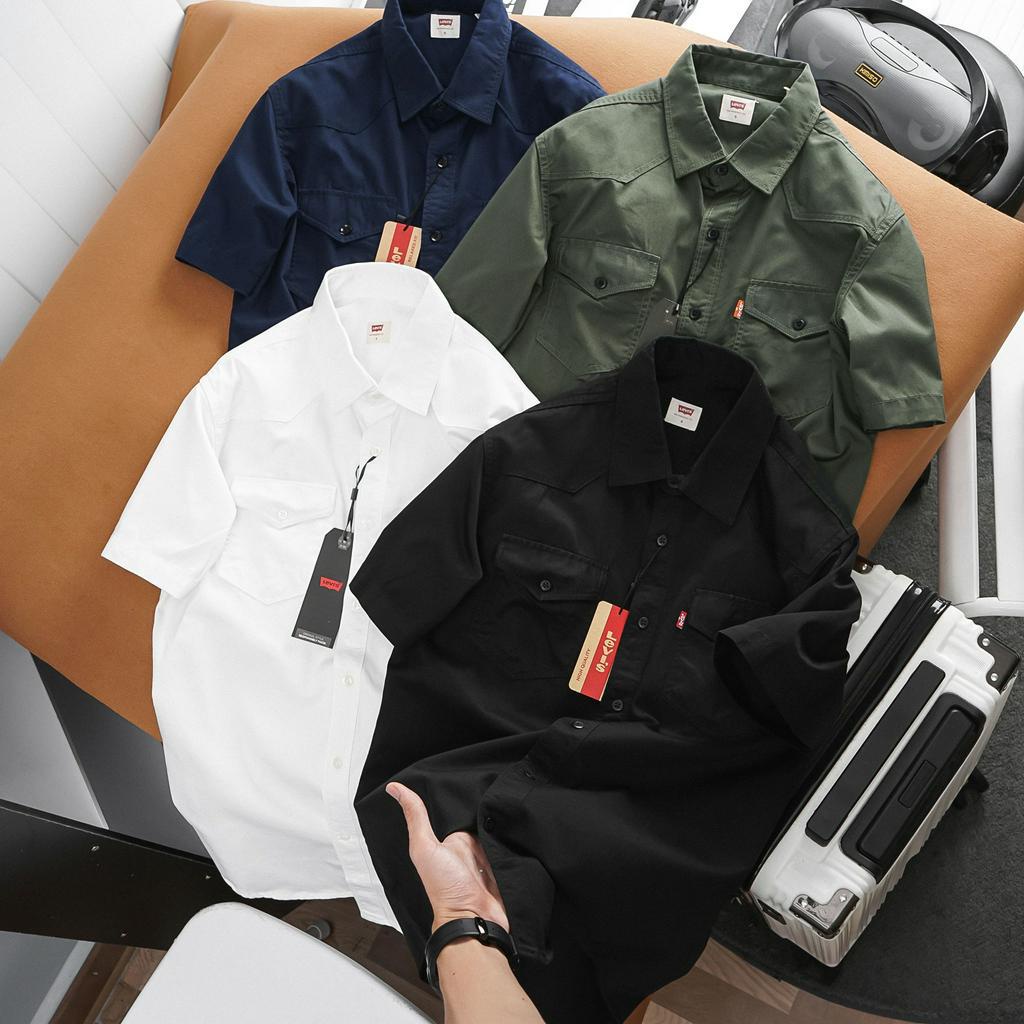 Áo sơ mi tay ngắn, sơ mi nam tay ngắn chất vải mềm mịn sang trọng thanh lịch màu xanh navy, trắng - Basichouse