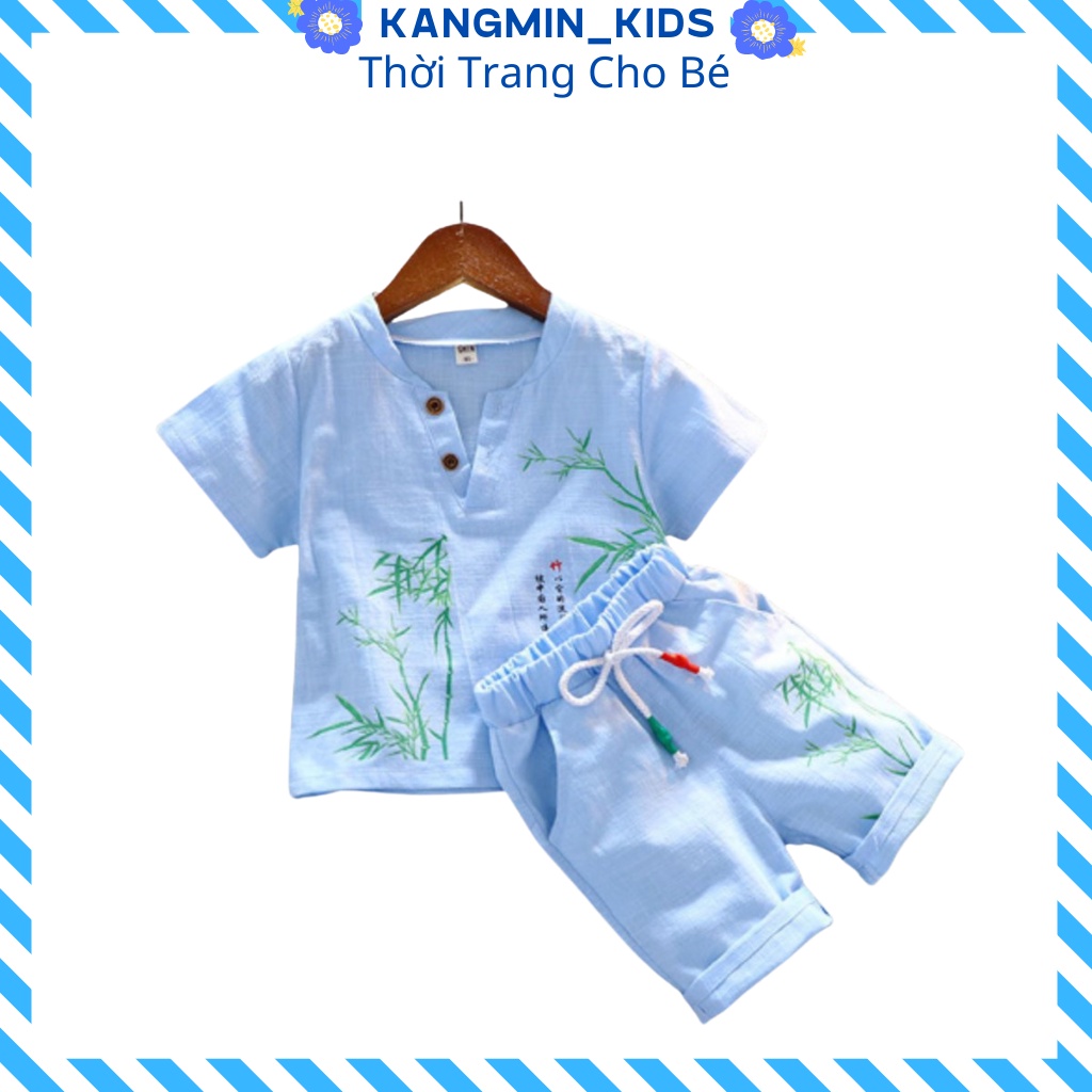 Đồ bộ bé trai Hàn Quốc Kangmin kids  Bộ quần áo cộc tay bé trai Chất Đũi in hình cây tre Từ 6-28kg