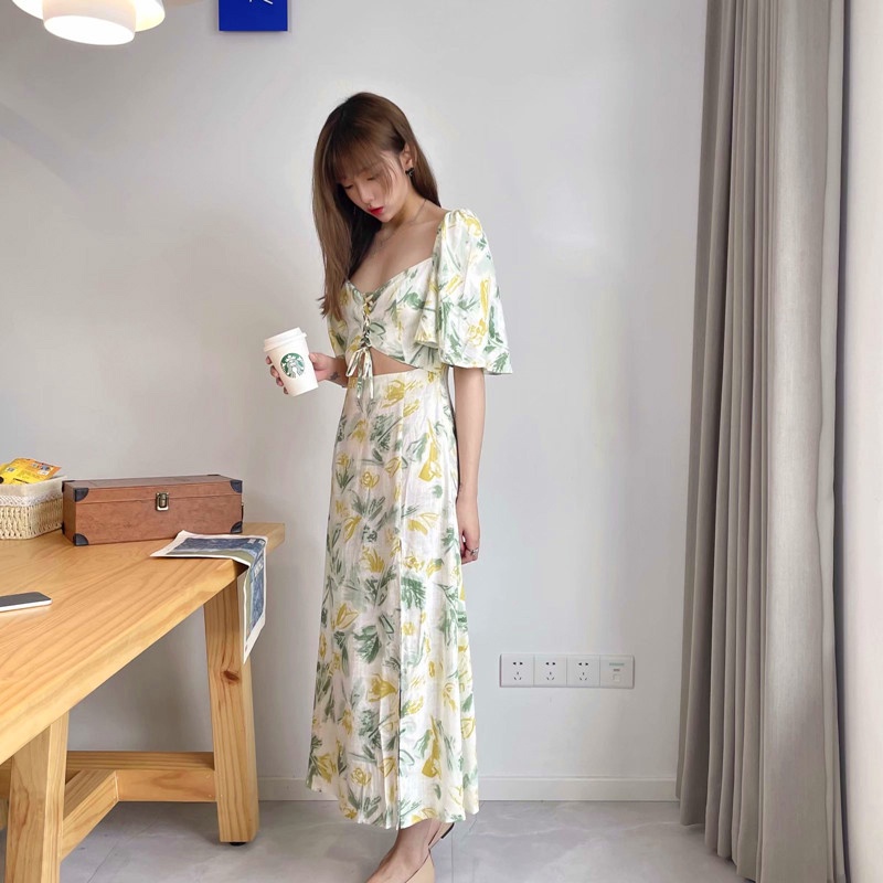 Đầm Zara hoa xanh vàng khoét eo sexy DH14KEG58N10