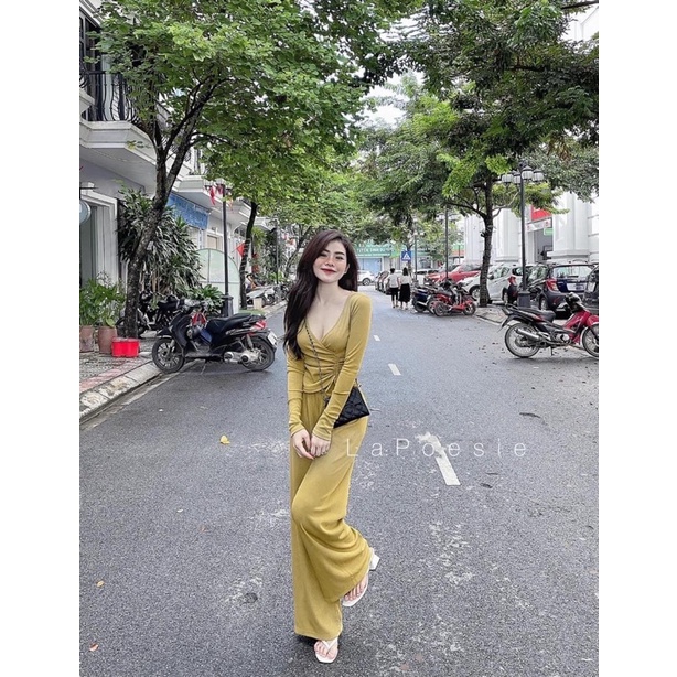 Set bộ quần suông áo dài tay cổ tim dây rút thun mango có size to