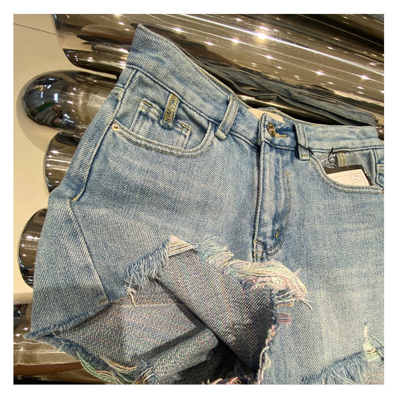 Quần Short Denim Dáng Chữ A Ống Rộng Lưng Cao Phối Màu Sắc Tương Phản 2022