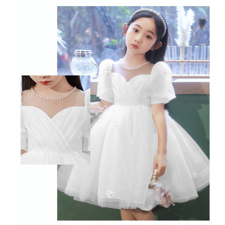 Váy công chúa bé gái thiết kế cao cấp cho bé đi dự tiệc phù dâu từ 3 đến 12 tuổi ngắn tay bồng màu trắng DBG102