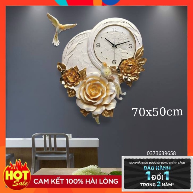 Đồng Hồ Treo Tường Trang Trí- Chất Liệu Gốm - Họa Tiết Hoa Hồng -Decor Tường Mã 202- Đổi Mới 24 Tháng -Kt 70*50cm