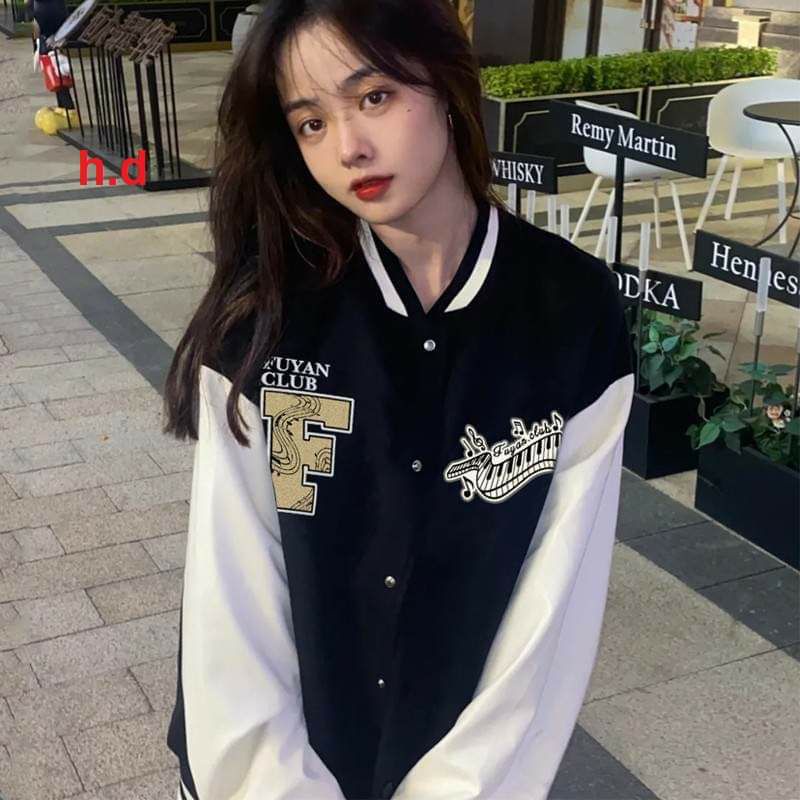 Áo Khoác Bomber Chữ F L cúc bấm nam nữJacket Unisex Chất nỉ vs gió Form &lt;55kgÁo Bóng Chày Phong cách Thể thao