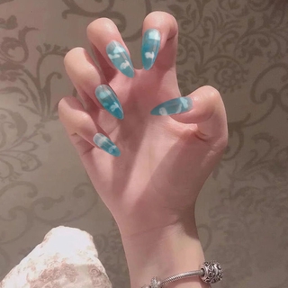 24Pcs New Arrival 24pcs Stiletto Long Shape Fake Nails Sky Blue Beach Cloud Nails Ladies Press on Designed False Nails Tips Overhead with Glue ballerina Long sharp nail fake nails with design fake nails with glue press on tips design nail art design